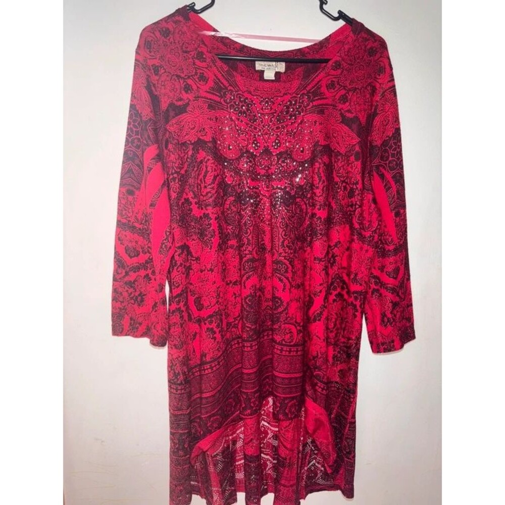 One World Bohemian Folk Chic Whimsigoth scoop neck high low artsy tunic XL